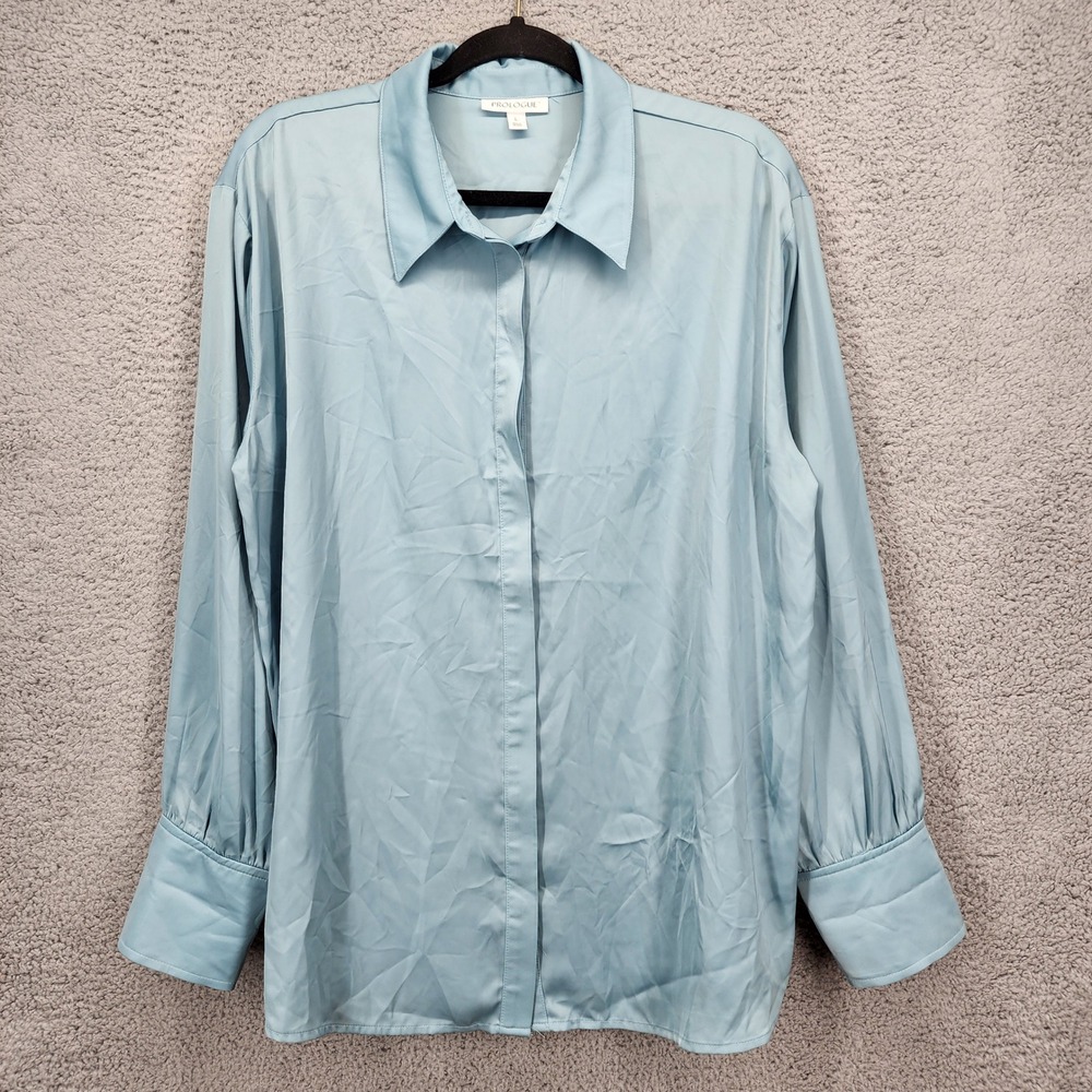 Prologue Womens Light Blue Satin Long Sleeve Button Down Blouse Size Large